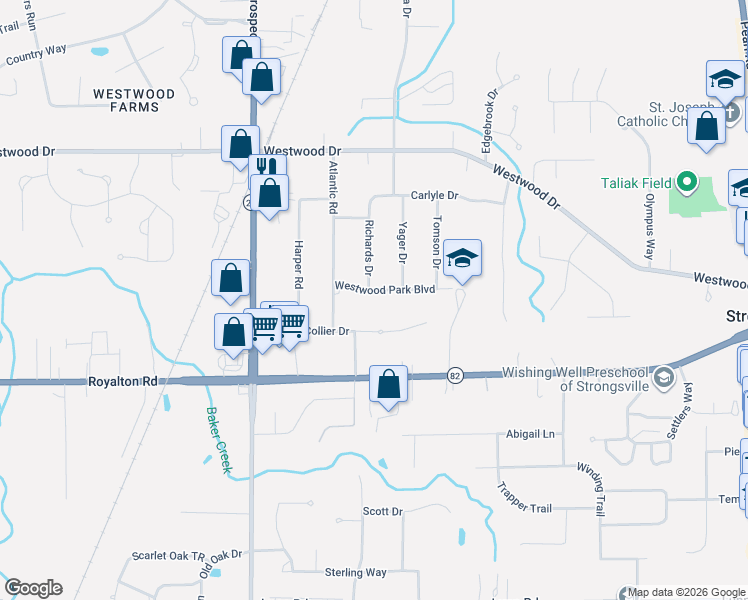 map of restaurants, bars, coffee shops, grocery stores, and more near 20472 Collier Drive in Strongsville