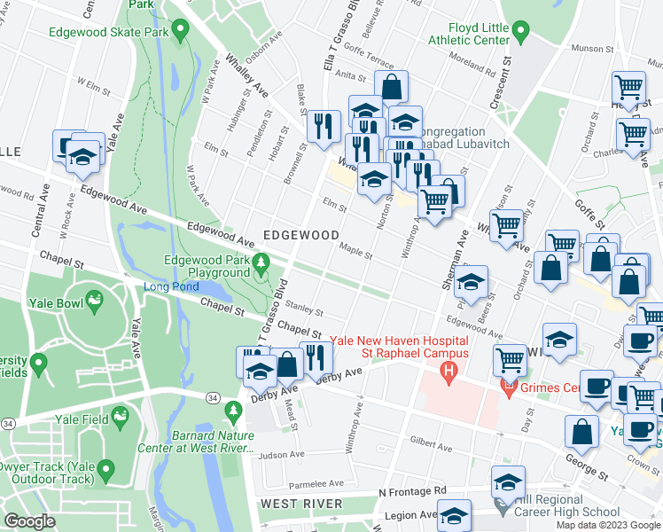 map of restaurants, bars, coffee shops, grocery stores, and more near 427 Edgewood Avenue in New Haven