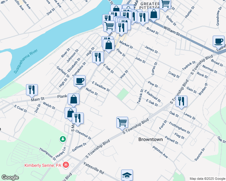 map of restaurants, bars, coffee shops, grocery stores, and more near 190-198 Vine Street in Pittston