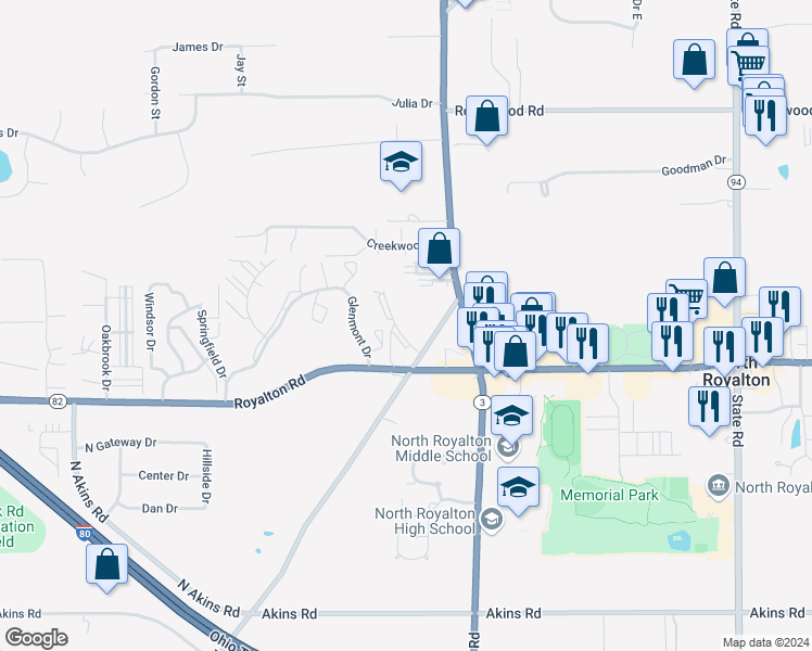 map of restaurants, bars, coffee shops, grocery stores, and more near 13900 Bennett Road in North Royalton