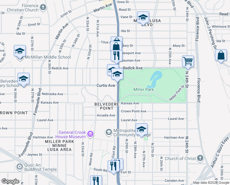 map of restaurants, bars, coffee shops, grocery stores, and more near 3004 Belvedere Boulevard in Omaha
