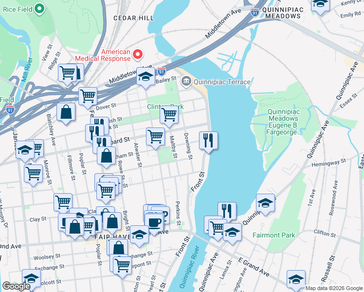 map of restaurants, bars, coffee shops, grocery stores, and more near 62 Chatham Street in New Haven