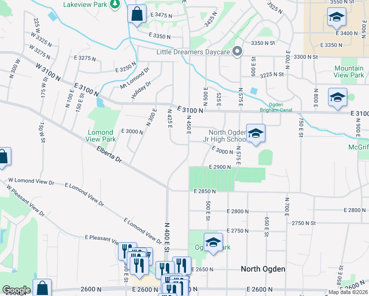 map of restaurants, bars, coffee shops, grocery stores, and more near 443 East 3000 North in Ogden
