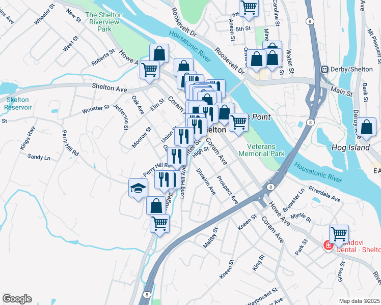 map of restaurants, bars, coffee shops, grocery stores, and more near 140 Center Street in Shelton