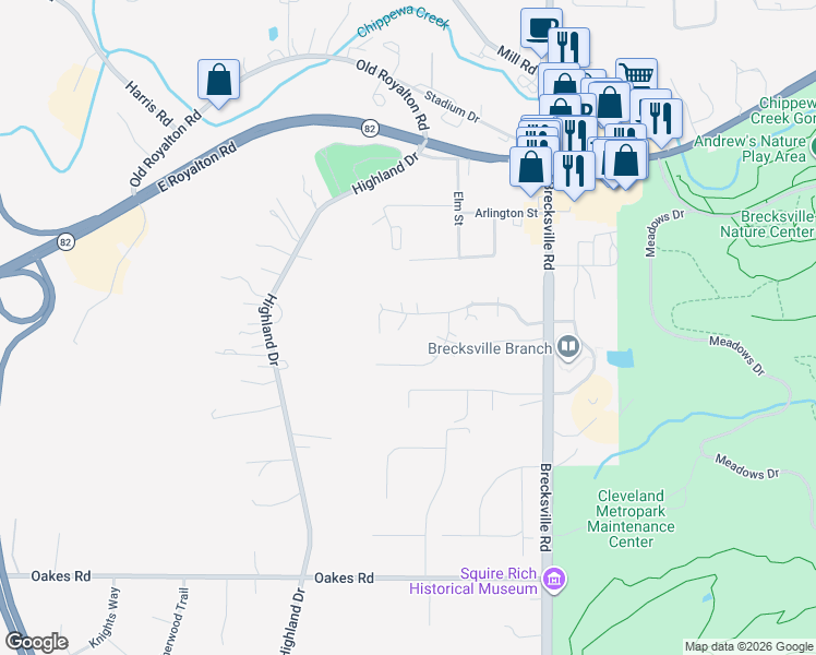 map of restaurants, bars, coffee shops, grocery stores, and more near 6723 Almond Walcott Court South in Brecksville