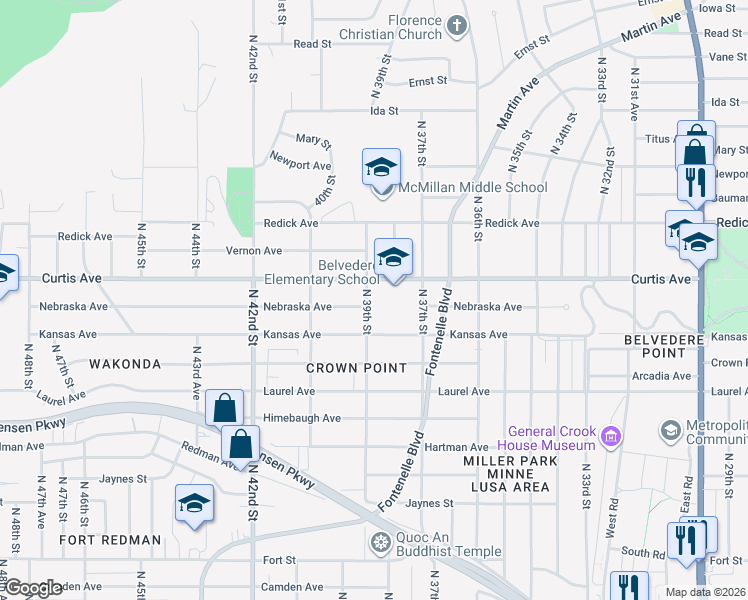 map of restaurants, bars, coffee shops, grocery stores, and more near 6121 North 39th Street in Omaha