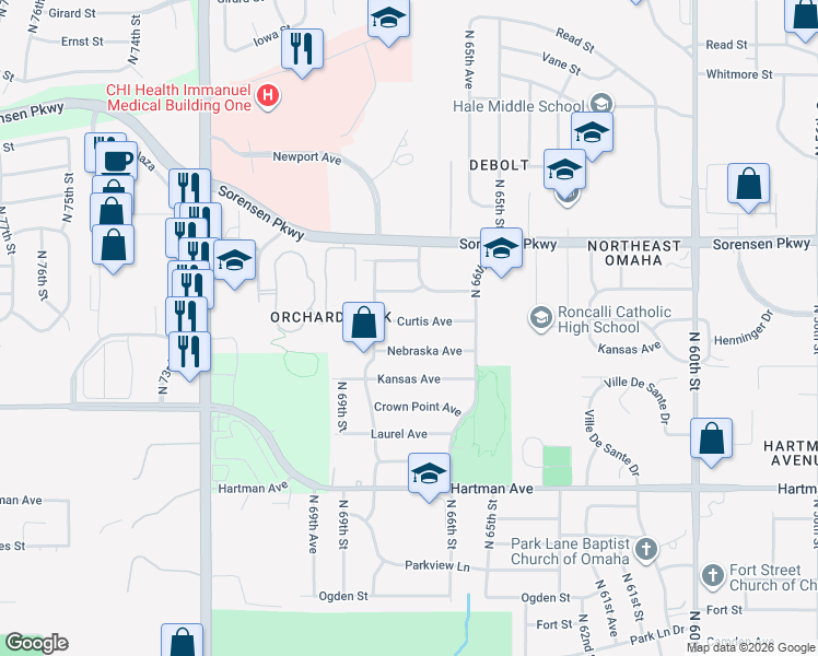 map of restaurants, bars, coffee shops, grocery stores, and more near 6717 Curtis Avenue in Omaha