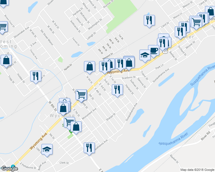 map of restaurants, bars, coffee shops, grocery stores, and more near 28 Wyoming Avenue in Wyoming