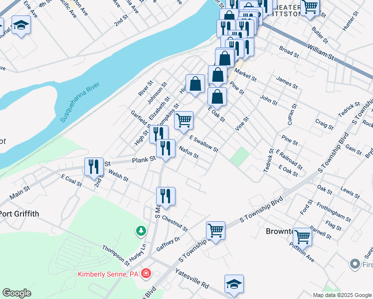 map of restaurants, bars, coffee shops, grocery stores, and more near 191 Vine Street in Pittston