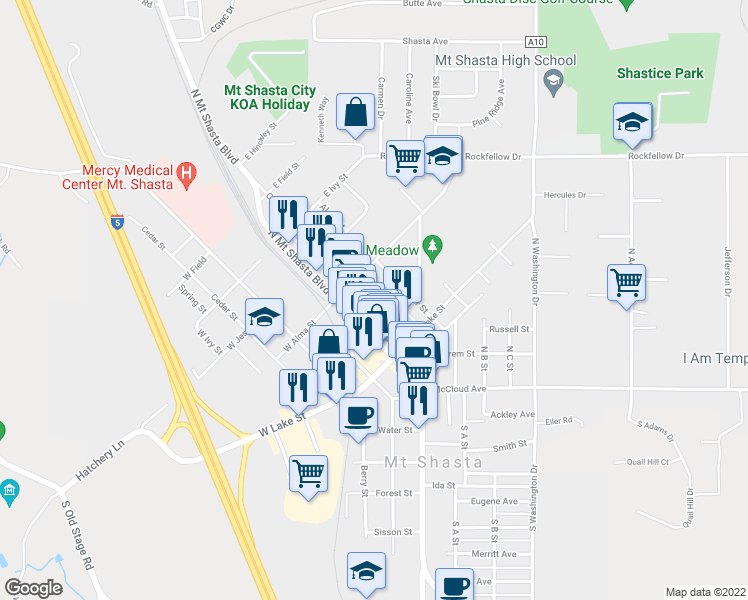 map of restaurants, bars, coffee shops, grocery stores, and more near 115 West Castle Street in Mount Shasta