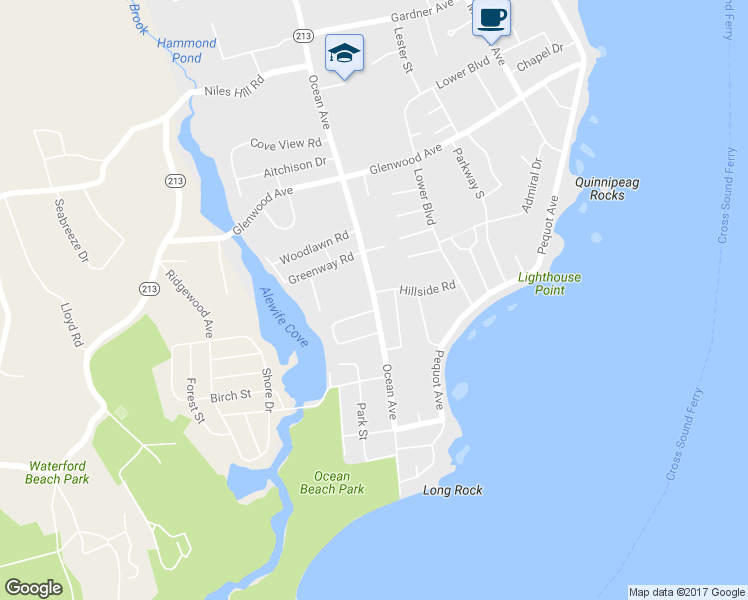 map of restaurants, bars, coffee shops, grocery stores, and more near 1043 Ocean Avenue in New London