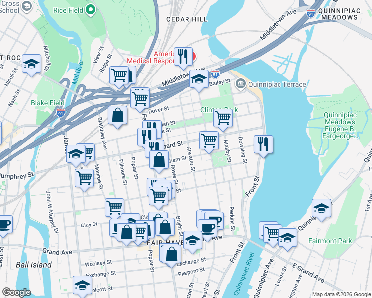 map of restaurants, bars, coffee shops, grocery stores, and more near 170 Chatham Street in New Haven