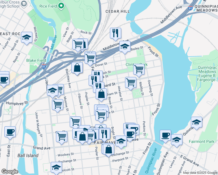 map of restaurants, bars, coffee shops, grocery stores, and more near 74 Rowe Street in New Haven