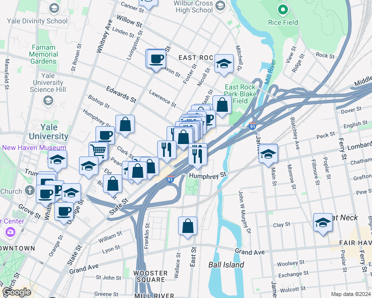 map of restaurants, bars, coffee shops, grocery stores, and more near 943 State Street in New Haven