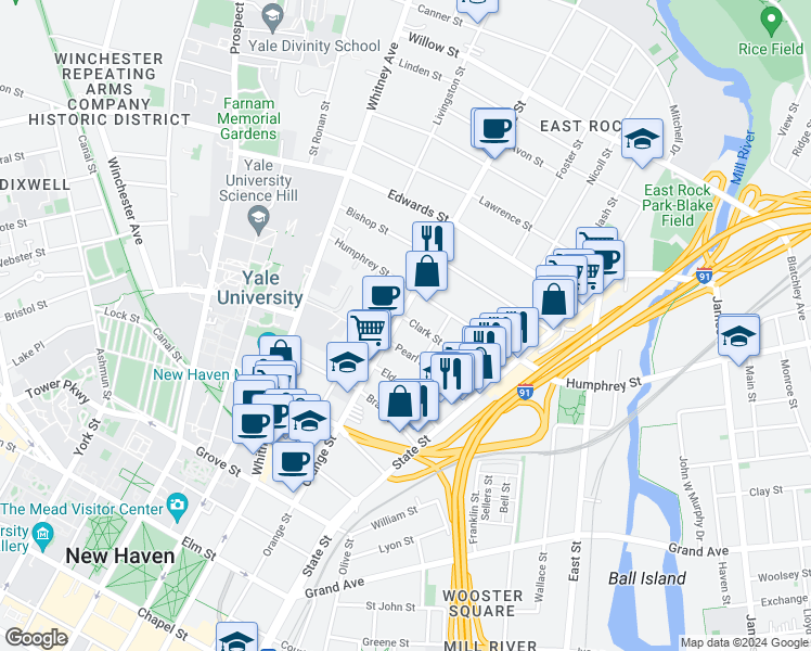 map of restaurants, bars, coffee shops, grocery stores, and more near 83 Pearl Street in New Haven