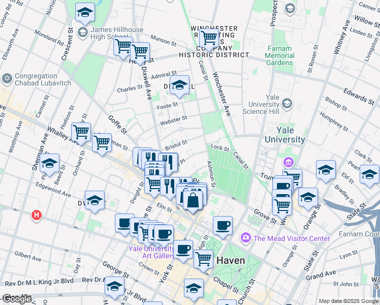 map of restaurants, bars, coffee shops, grocery stores, and more near 37 Lake Place in New Haven