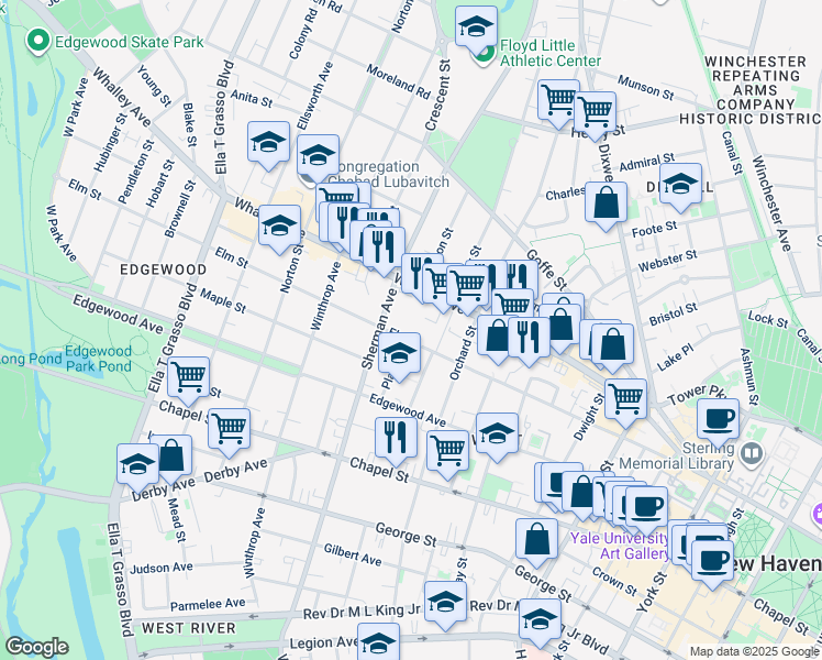 map of restaurants, bars, coffee shops, grocery stores, and more near 632 Elm Street in New Haven