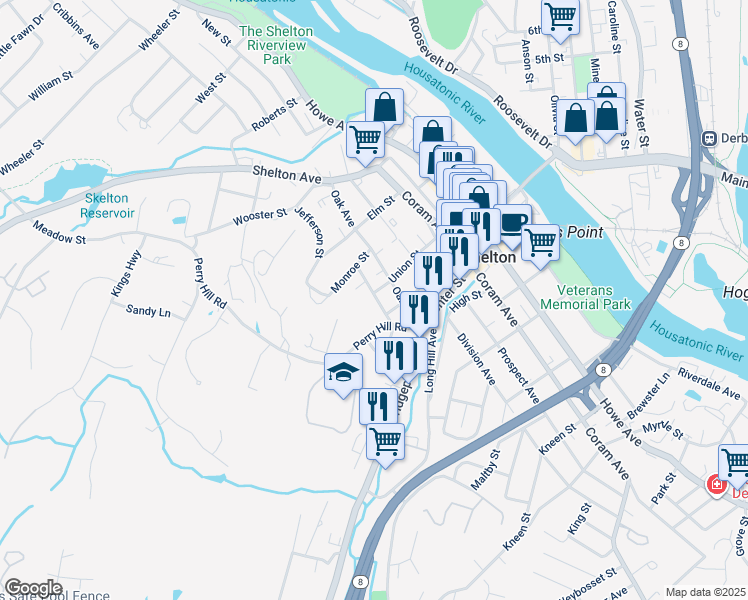 map of restaurants, bars, coffee shops, grocery stores, and more near 33 Perry Hill Road in Shelton