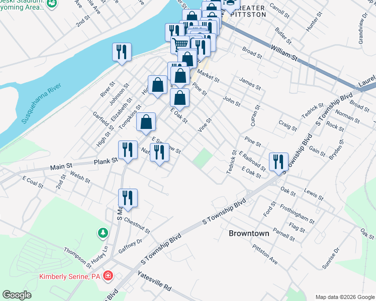 map of restaurants, bars, coffee shops, grocery stores, and more near 80-98 E Swallow St in Pittston