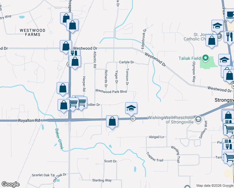 map of restaurants, bars, coffee shops, grocery stores, and more near 20472 Collier Drive in Strongsville