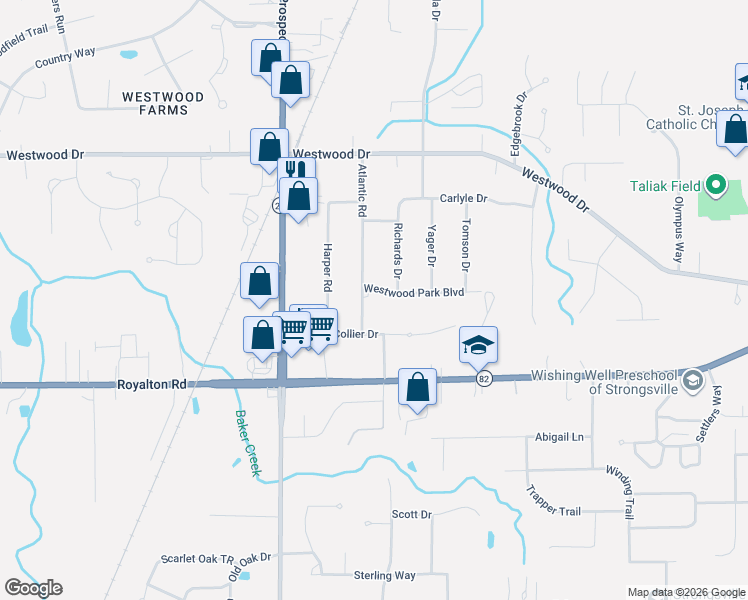 map of restaurants, bars, coffee shops, grocery stores, and more near 20618 Collier Drive in Strongsville