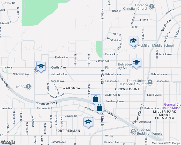 map of restaurants, bars, coffee shops, grocery stores, and more near 4235 Nebraska Avenue in Omaha