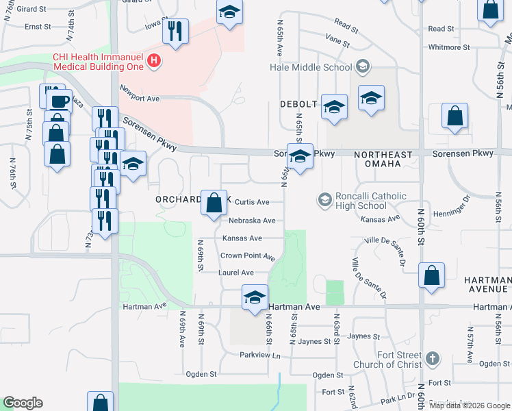 map of restaurants, bars, coffee shops, grocery stores, and more near 6646 Nebraska Avenue in Omaha