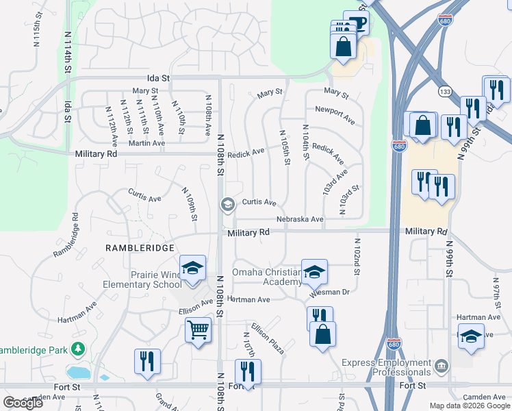 map of restaurants, bars, coffee shops, grocery stores, and more near 10616 Nebraska Avenue in Omaha