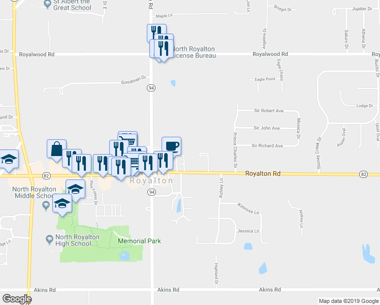 map of restaurants, bars, coffee shops, grocery stores, and more near 5136 Royalton Road in North Royalton
