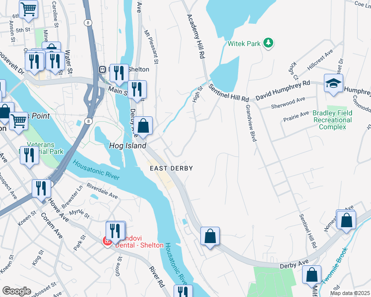 map of restaurants, bars, coffee shops, grocery stores, and more near 18 Washington Street in Derby