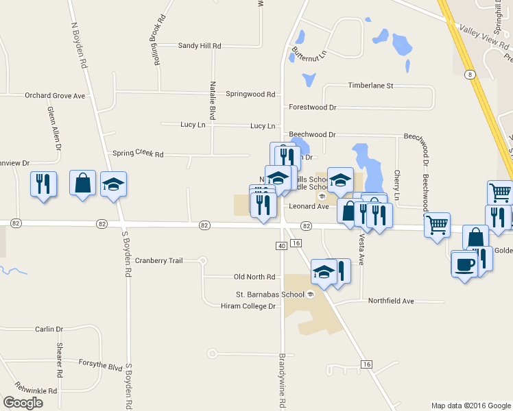 map of restaurants, bars, coffee shops, grocery stores, and more near 9370 Olde 8 Road in Northfield