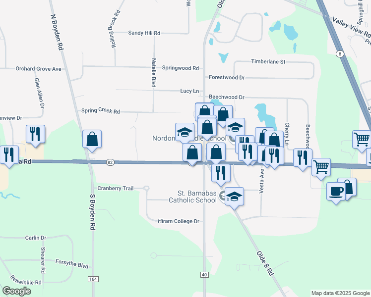 map of restaurants, bars, coffee shops, grocery stores, and more near 9370 Olde 8 Road in Northfield