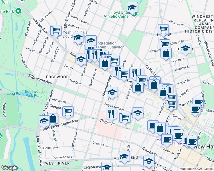 map of restaurants, bars, coffee shops, grocery stores, and more near Sherman Ave & Elm St in New Haven