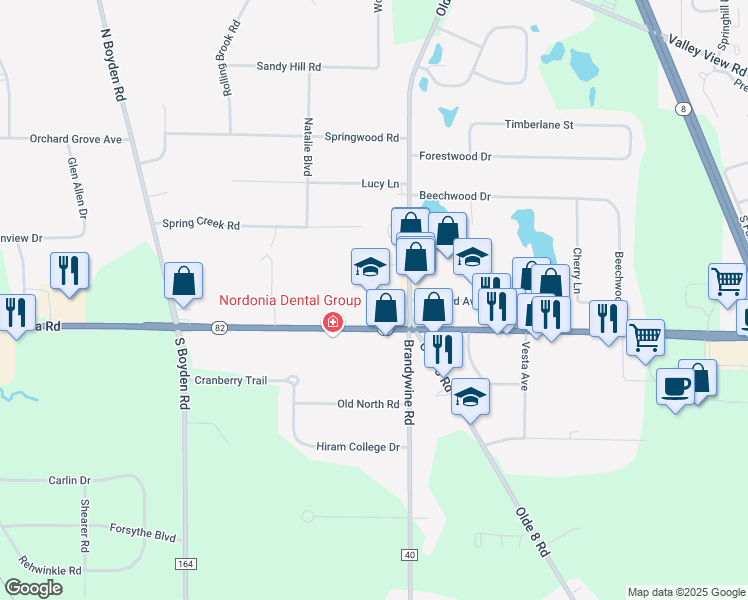 map of restaurants, bars, coffee shops, grocery stores, and more near 9374 Olde 8 Road in Northfield