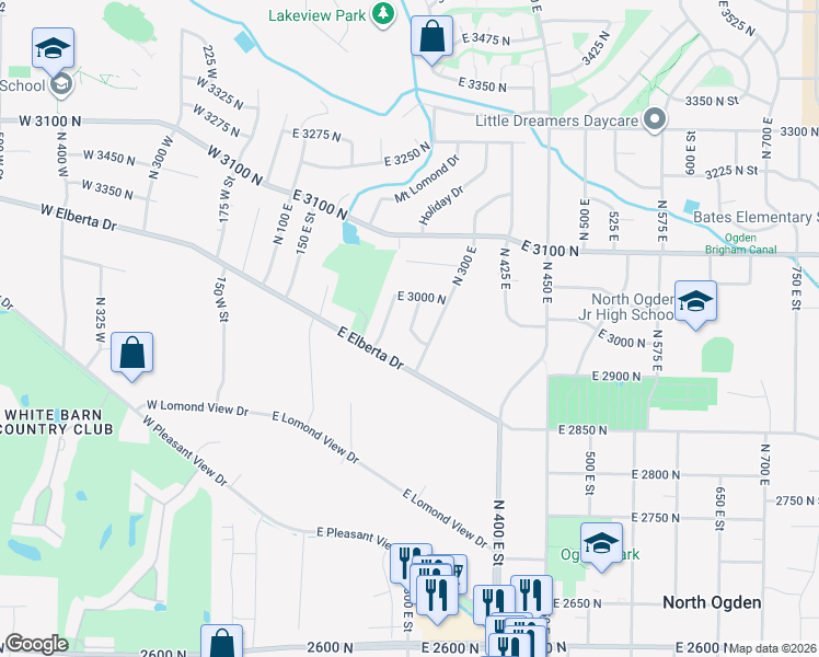 map of restaurants, bars, coffee shops, grocery stores, and more near 292 East Elberta Drive in Ogden