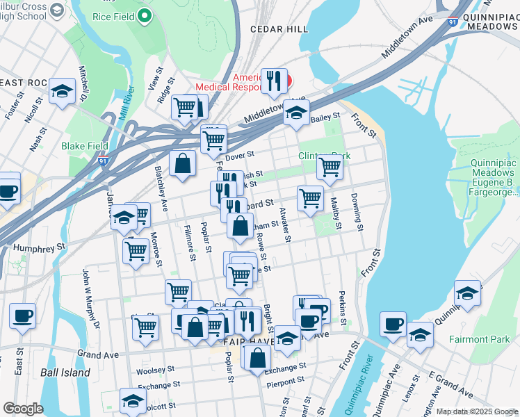 map of restaurants, bars, coffee shops, grocery stores, and more near 74 Rowe Street in New Haven