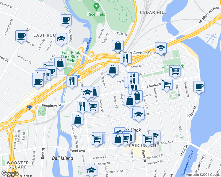 map of restaurants, bars, coffee shops, grocery stores, and more near 456 Lombard Street in New Haven