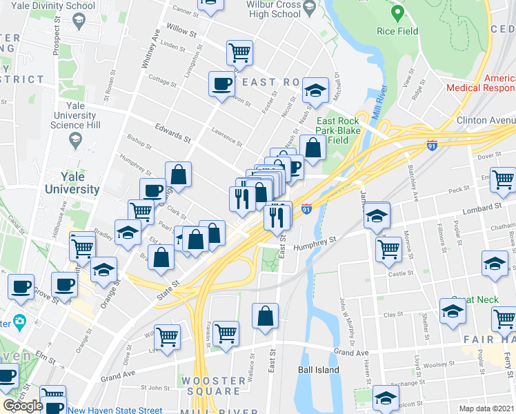 map of restaurants, bars, coffee shops, grocery stores, and more near 943 State Street in New Haven
