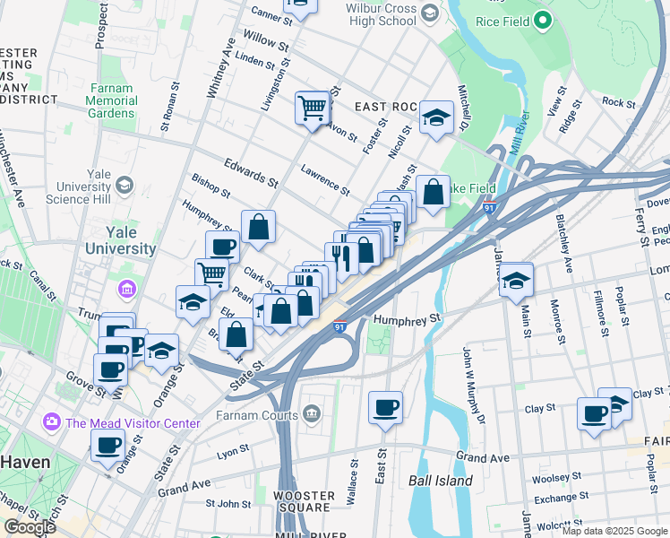 map of restaurants, bars, coffee shops, grocery stores, and more near 900 State Street in New Haven