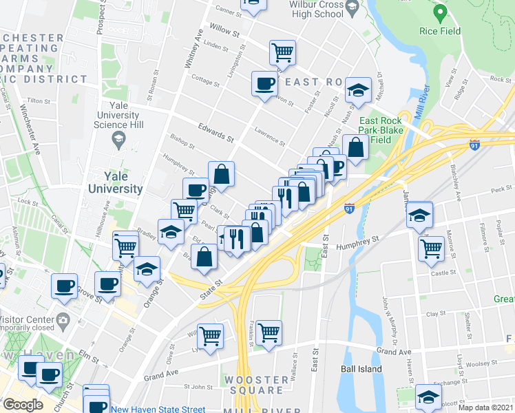map of restaurants, bars, coffee shops, grocery stores, and more near 286 Humphrey Street in New Haven