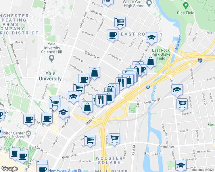 map of restaurants, bars, coffee shops, grocery stores, and more near 286 Humphrey Street in New Haven