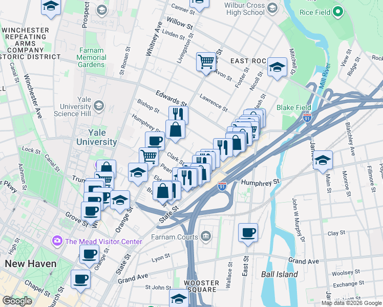 map of restaurants, bars, coffee shops, grocery stores, and more near 59 Clark Street in New Haven
