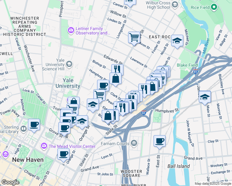 map of restaurants, bars, coffee shops, grocery stores, and more near 59 Clark Street in New Haven