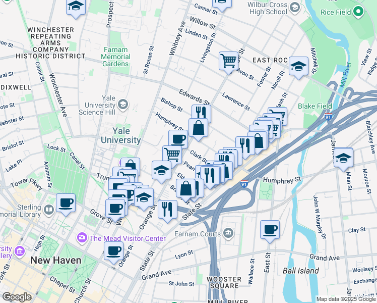 map of restaurants, bars, coffee shops, grocery stores, and more near 83 Pearl Street in New Haven