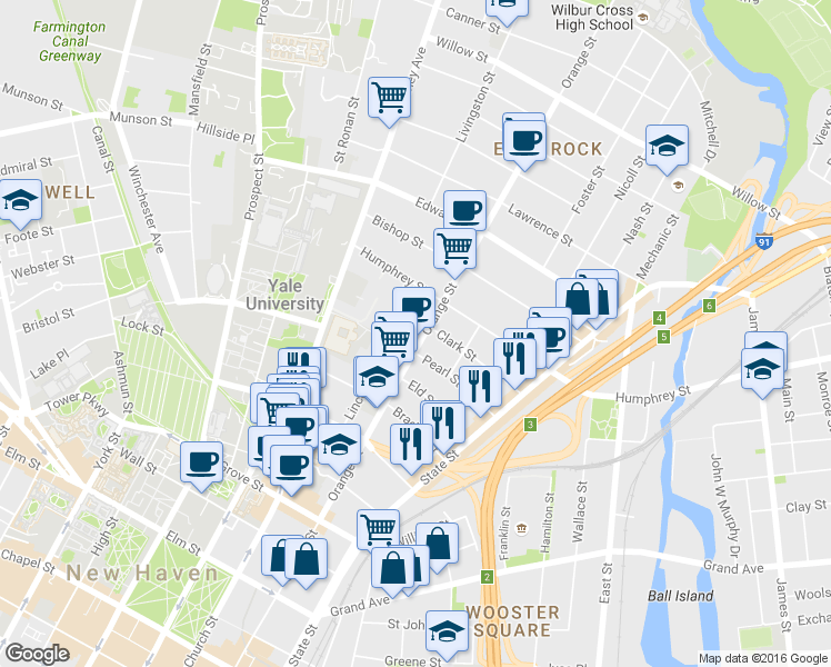 map of restaurants, bars, coffee shops, grocery stores, and more near in New Haven
