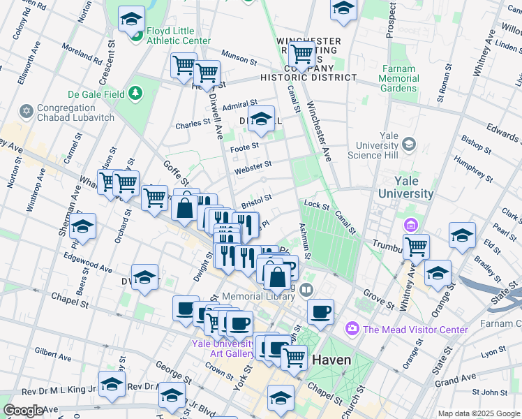 map of restaurants, bars, coffee shops, grocery stores, and more near 73 Lake Place in New Haven