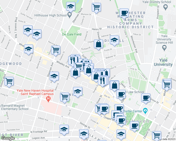 map of restaurants, bars, coffee shops, grocery stores, and more near 103 Whalley Avenue in New Haven