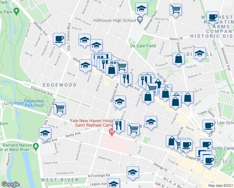 map of restaurants, bars, coffee shops, grocery stores, and more near 632 Elm Street in New Haven