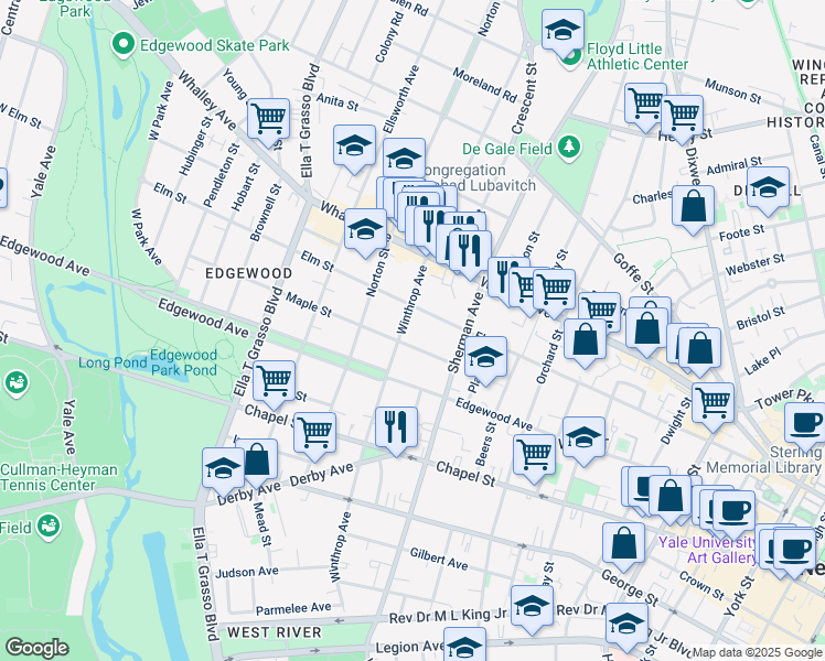 map of restaurants, bars, coffee shops, grocery stores, and more near 42 Maple Street in New Haven