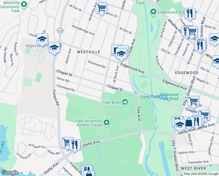 map of restaurants, bars, coffee shops, grocery stores, and more near 1914 Chapel Street in New Haven
